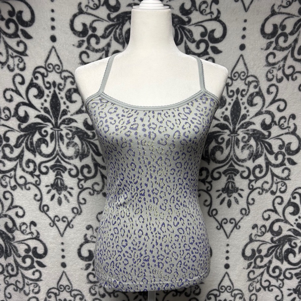 Lilü Women Gray Purple Leopard Print Ribbed Camisole Tank Top Small Racerback